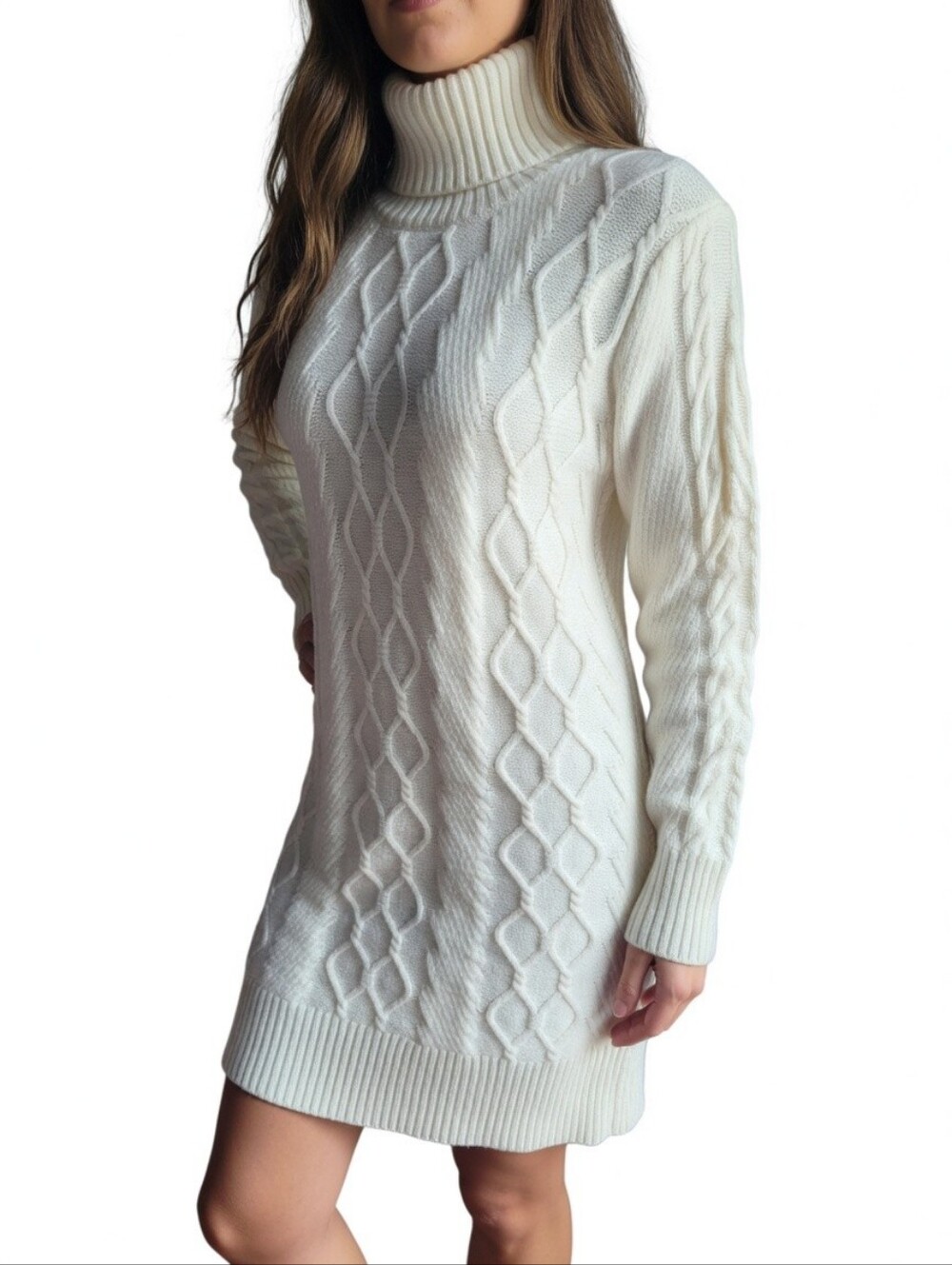 Cream Cable-Knit Turtleneck Sweater Dress Size M